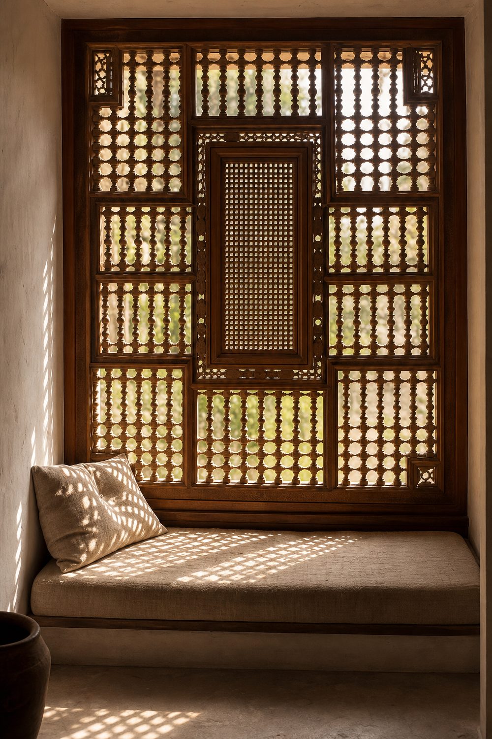 Carved wooden mashrabiya window screen filtering daylight into a soft geometric glow across an interior window seat