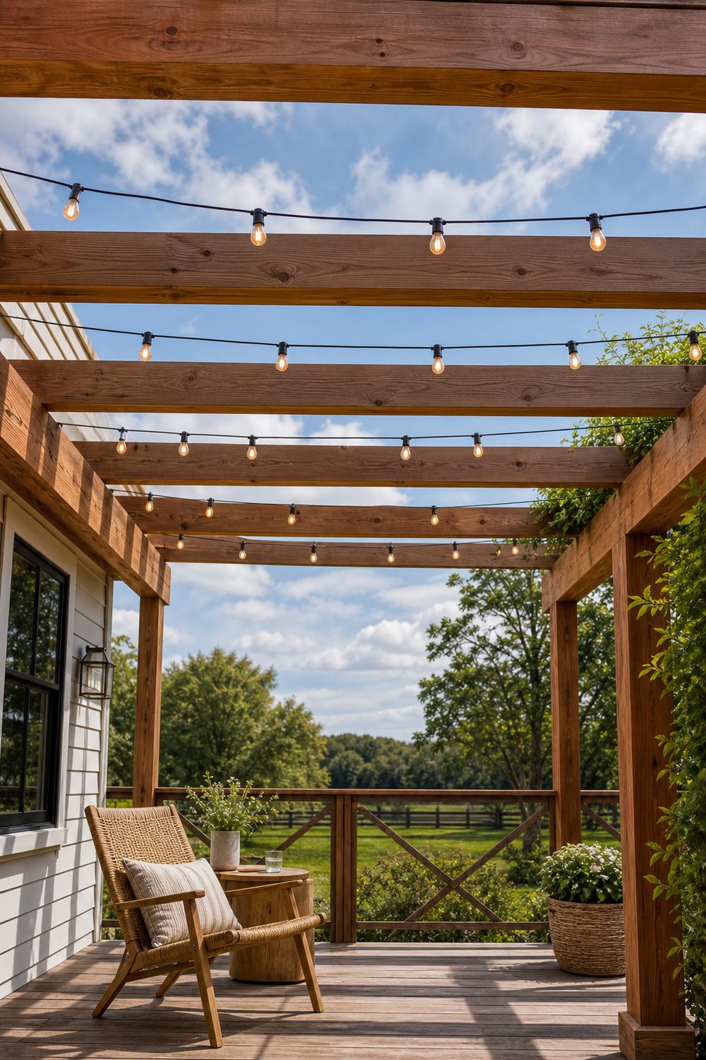 Cedar pergola over a farmhouse deck seating area with warm string lights in straight runs