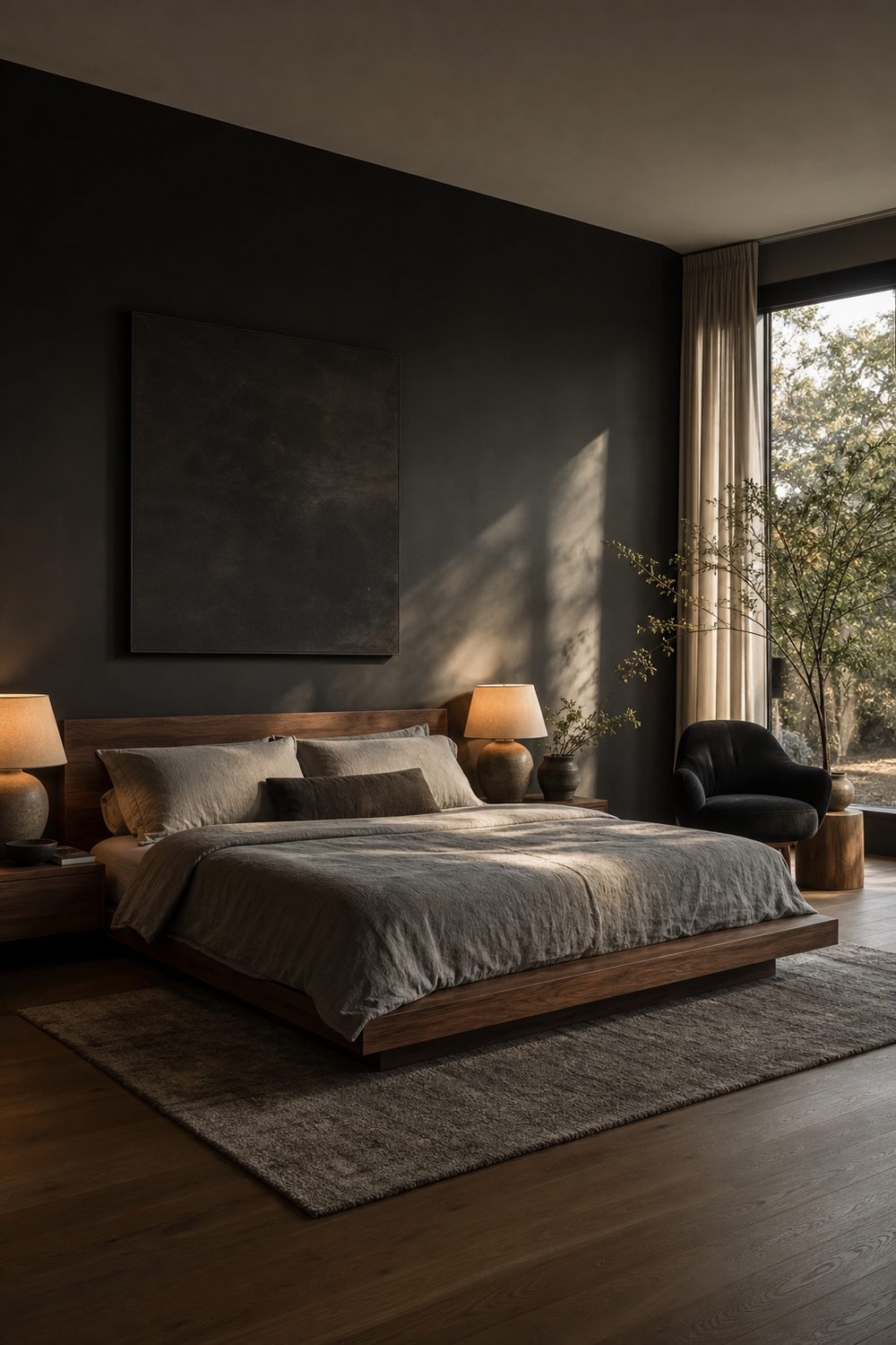 Charcoal matte accent wall behind a walnut platform bed with grey bedding, warm bedside lighting, black and grey bedroom