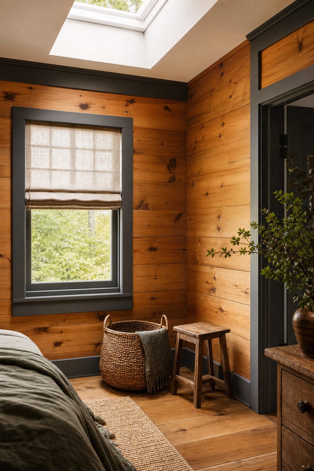 Charcoal gray window trim and baseboards framing knotty pine walls in a cabin room with a linen shade