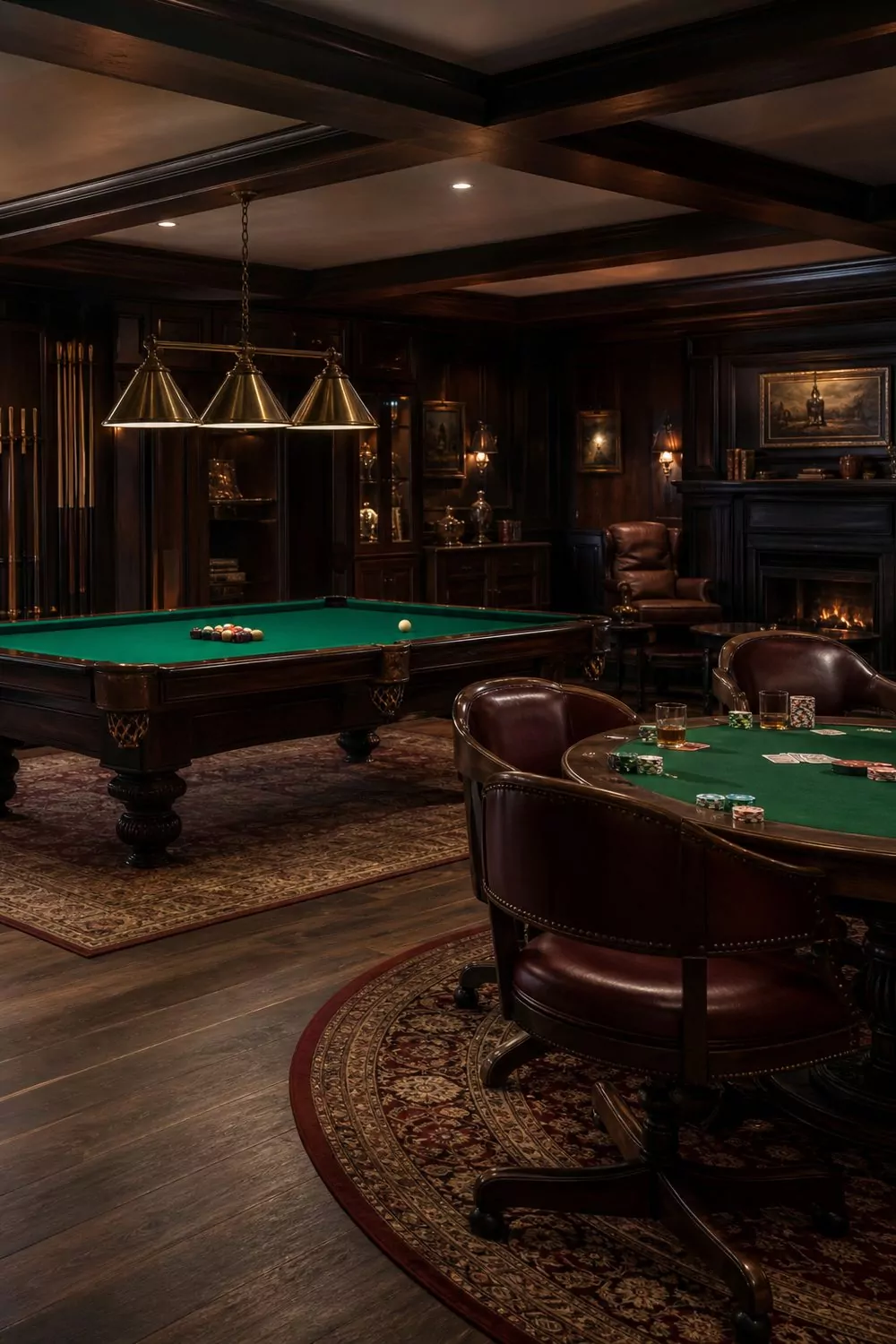 Classic billiards and poker man cave with dark wood pool table, green felt, brass light, poker table and leather swivel chairs