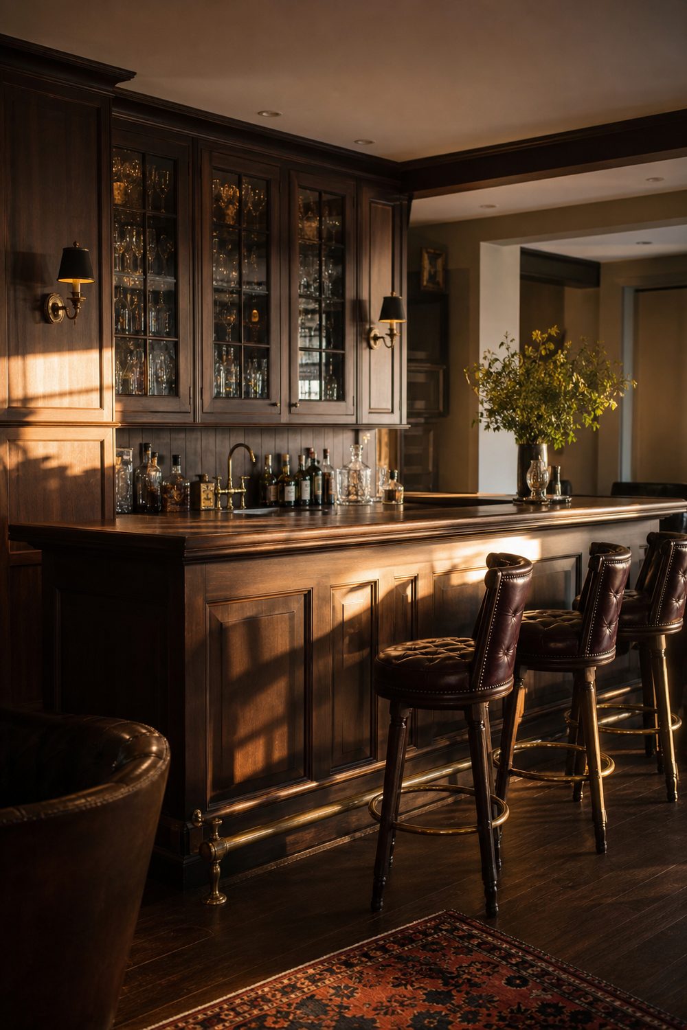 Classic pub style basement bar with stained walnut paneled front, brass accents and glass-front cabinets