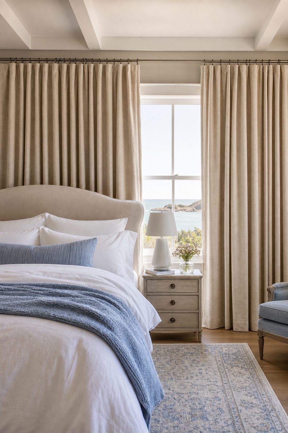 Floor length oatmeal linen coastal bedroom blackout curtains behind an upholstered bed with white bedding and a pale blue throw