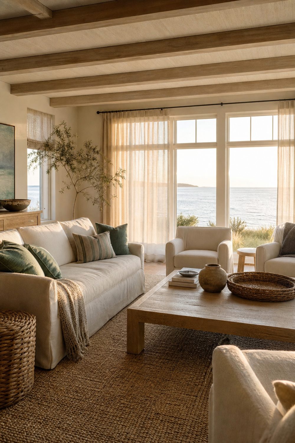 Coastal style living room with bleached oak and jute, editorial interior photography