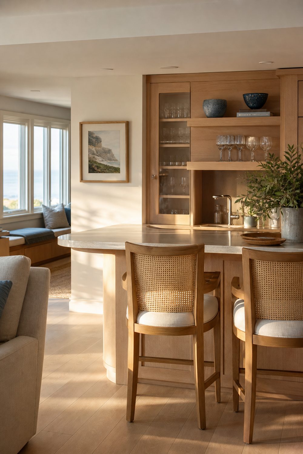 Bright coastal basement bar nook in white oak and light maple with rattan stools and a pale stone counter