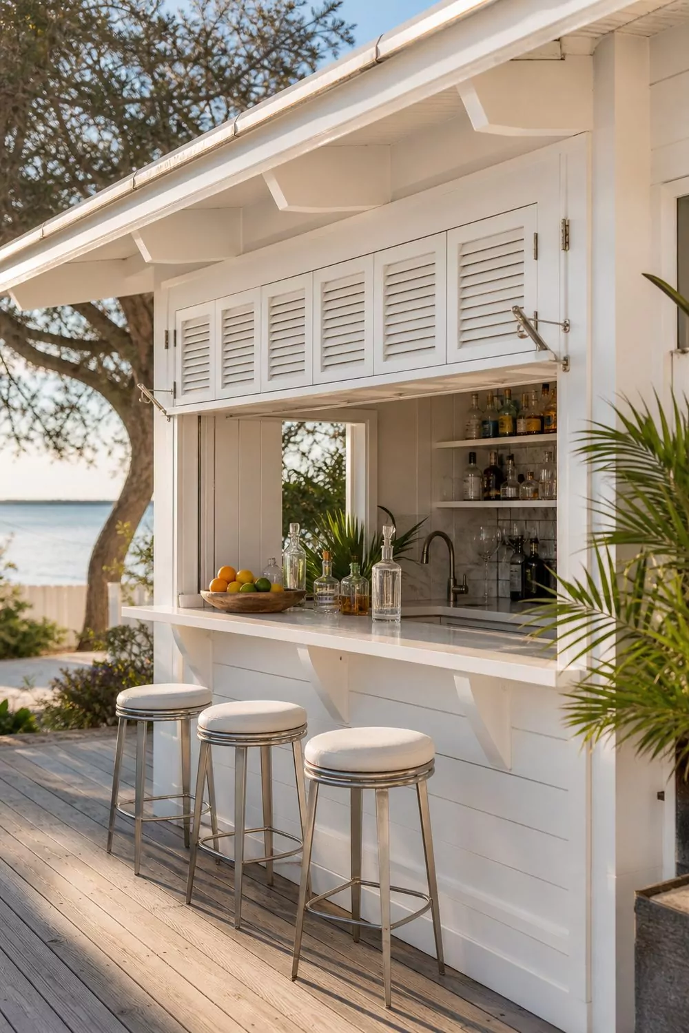 Coastal white cabana bar with louvered white shutters, white painted cabinetry, brushed metal stools, and a seaside backyard view