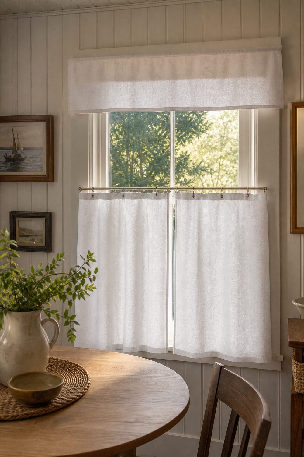 Crisp white coastal window valance and tier curtain set covering the lower window in a beadboard cottage breakfast room with a wood table