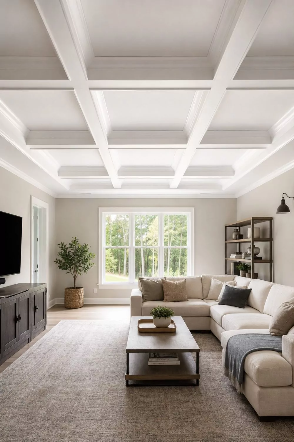Spacious bonus room with a coffered drop ceiling grid framed by simple white crown molding around the perimeter