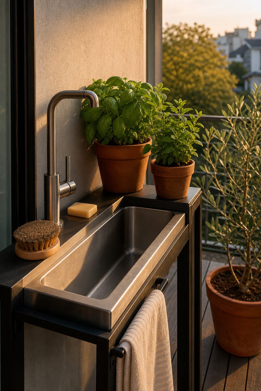 Compact small space outdoor sink with a slim stainless basin and potted herbs on a townhouse balcony at golden hour