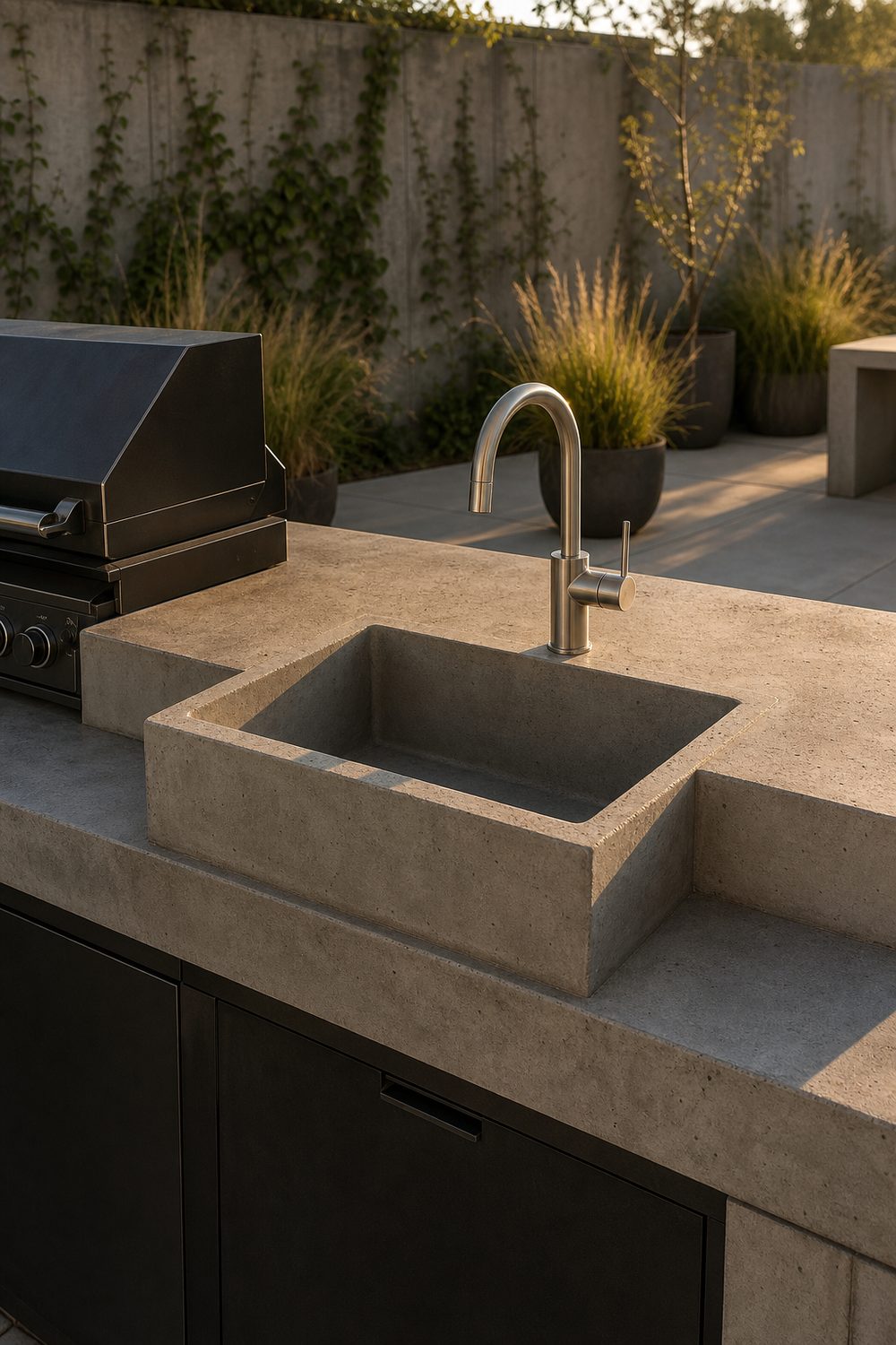 Poured concrete basin sink set into a slab counter beside a built-in grill on a modern patio