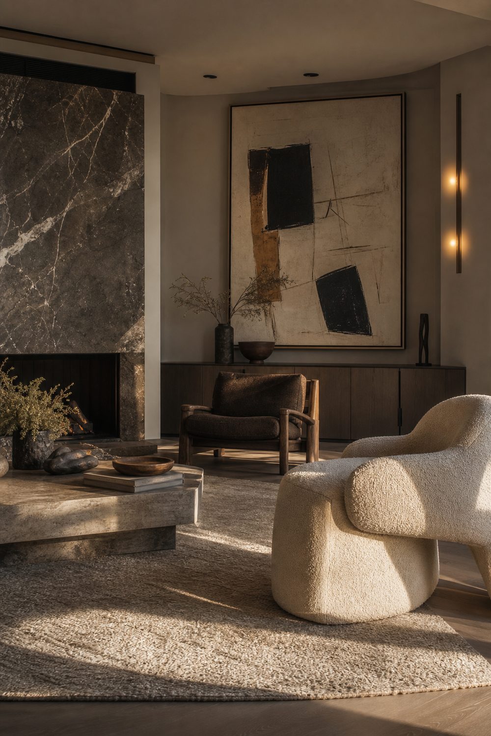 Contemporary style living room with veined stone and smoked oak, editorial interior photography