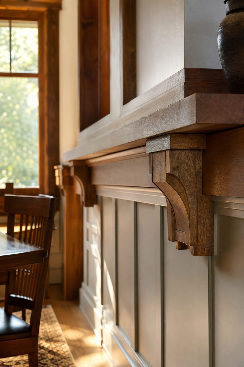 Craftsman wainscoting with wood corbels supporting a chunky cap rail on a dining wall, handcrafted feel with clean geometry