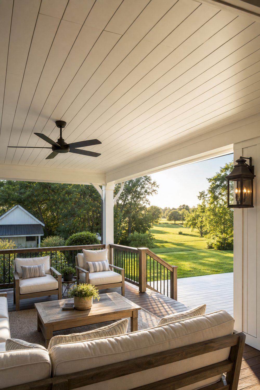 Covered farmhouse deck with a white painted shiplap ceiling, black ceiling fan, and lantern sconce