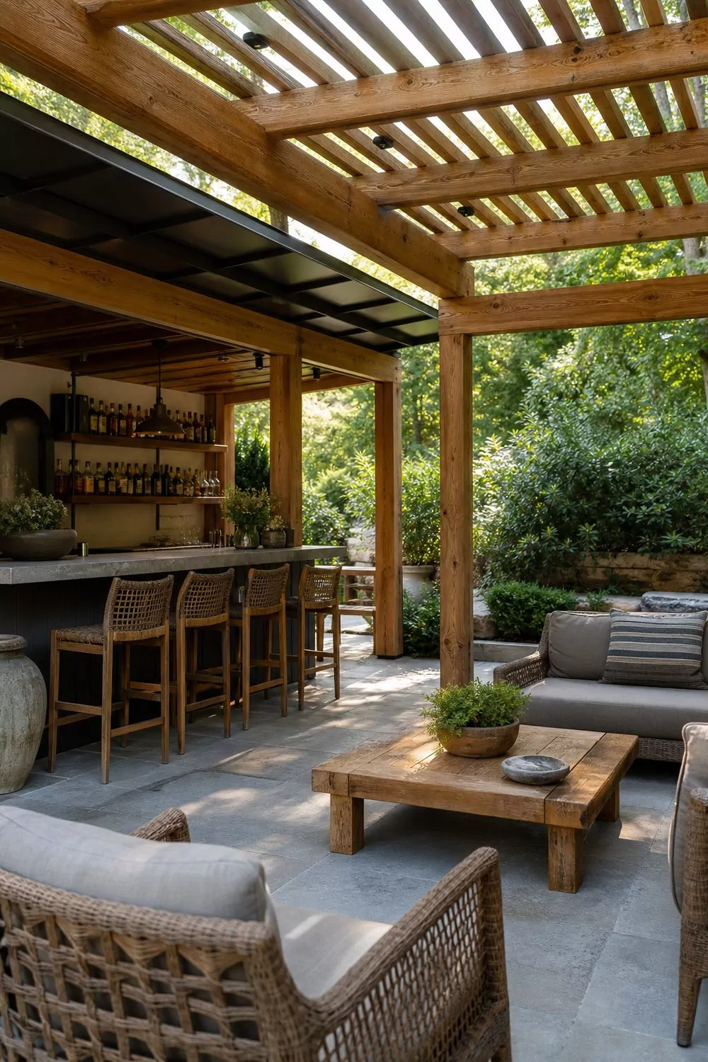 Covered pergola cabana bar lounge with cedar beams, a partial roof over the bar, woven lounge chairs, and a low teak coffee table