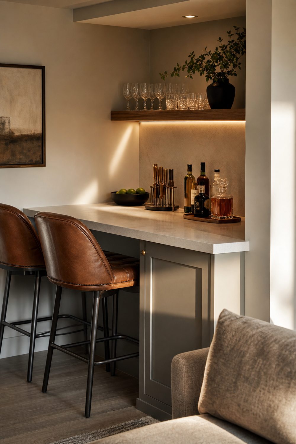 Compact corner basement bar with painted cabinetry, quartz counter, and a glassware shelf in a finished basement