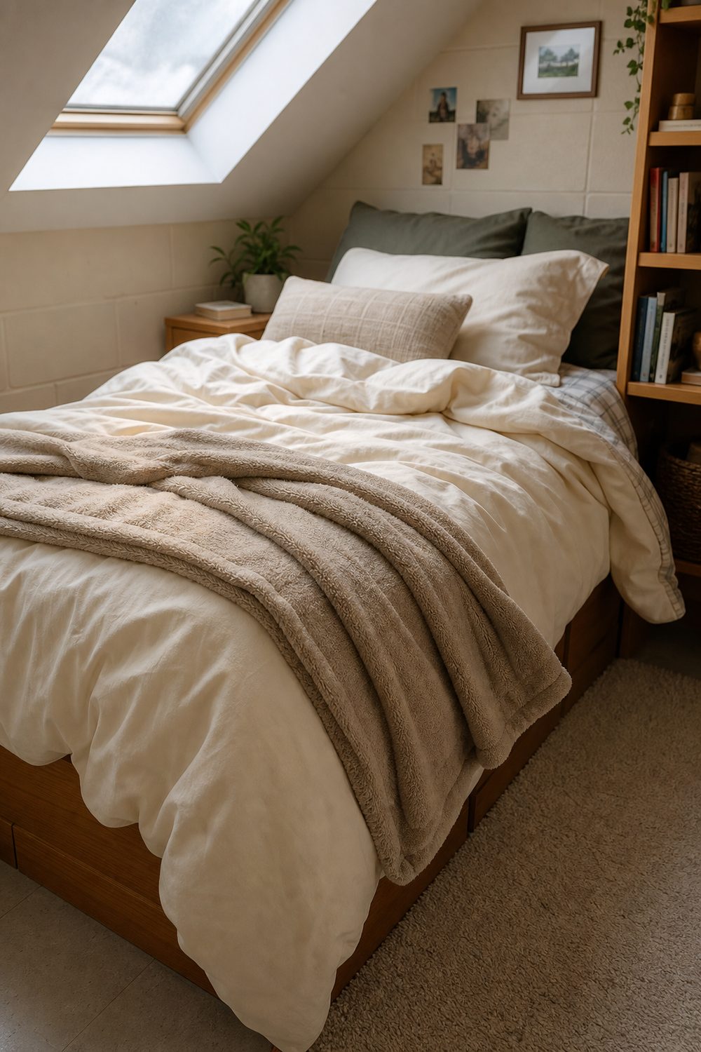 Cozy dorm bed with a cream duvet and a soft sand fleece throw folded at the foot of the bed