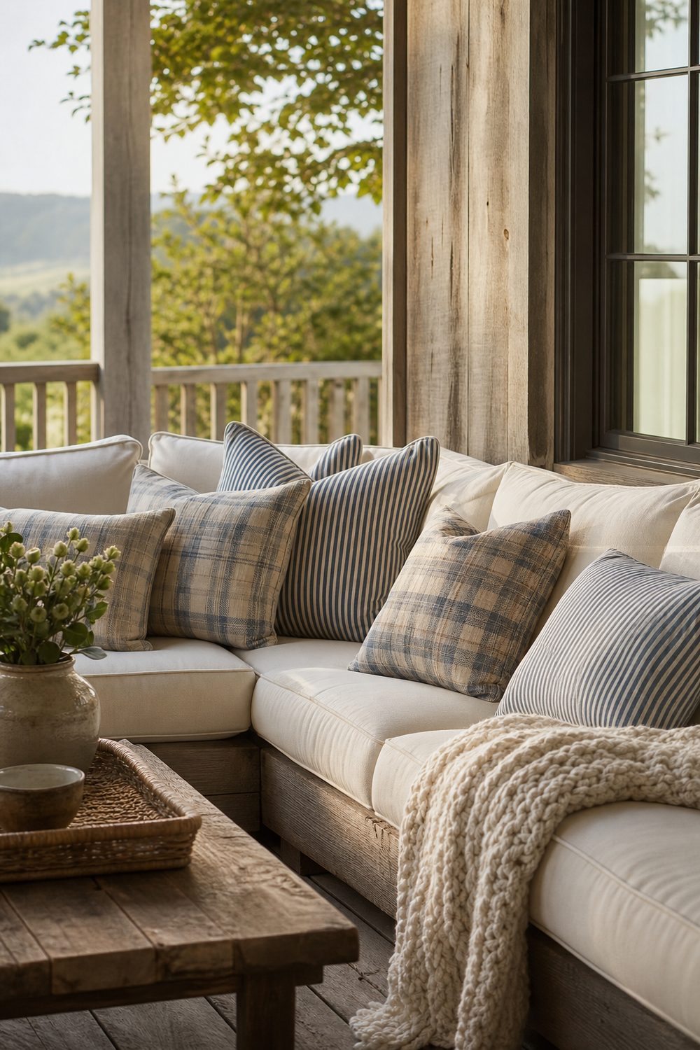 Deep cozy outdoor sectional on a farmhouse deck with ticking-stripe and faded-plaid throw pillows