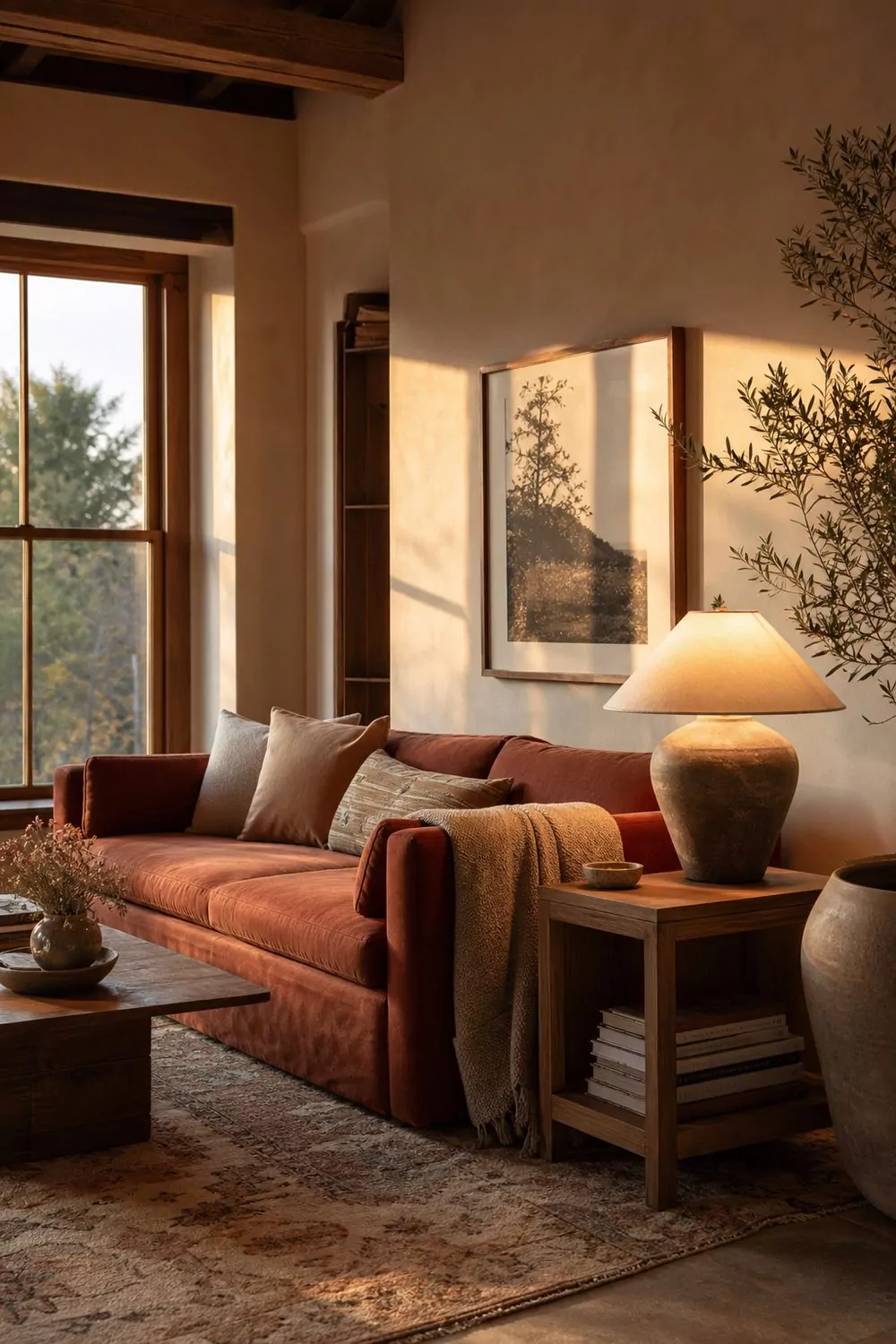 Showroom styled as a cozy room-set vignette, a complete living room scene with sofa, rug, lamp and art arranged like a real home