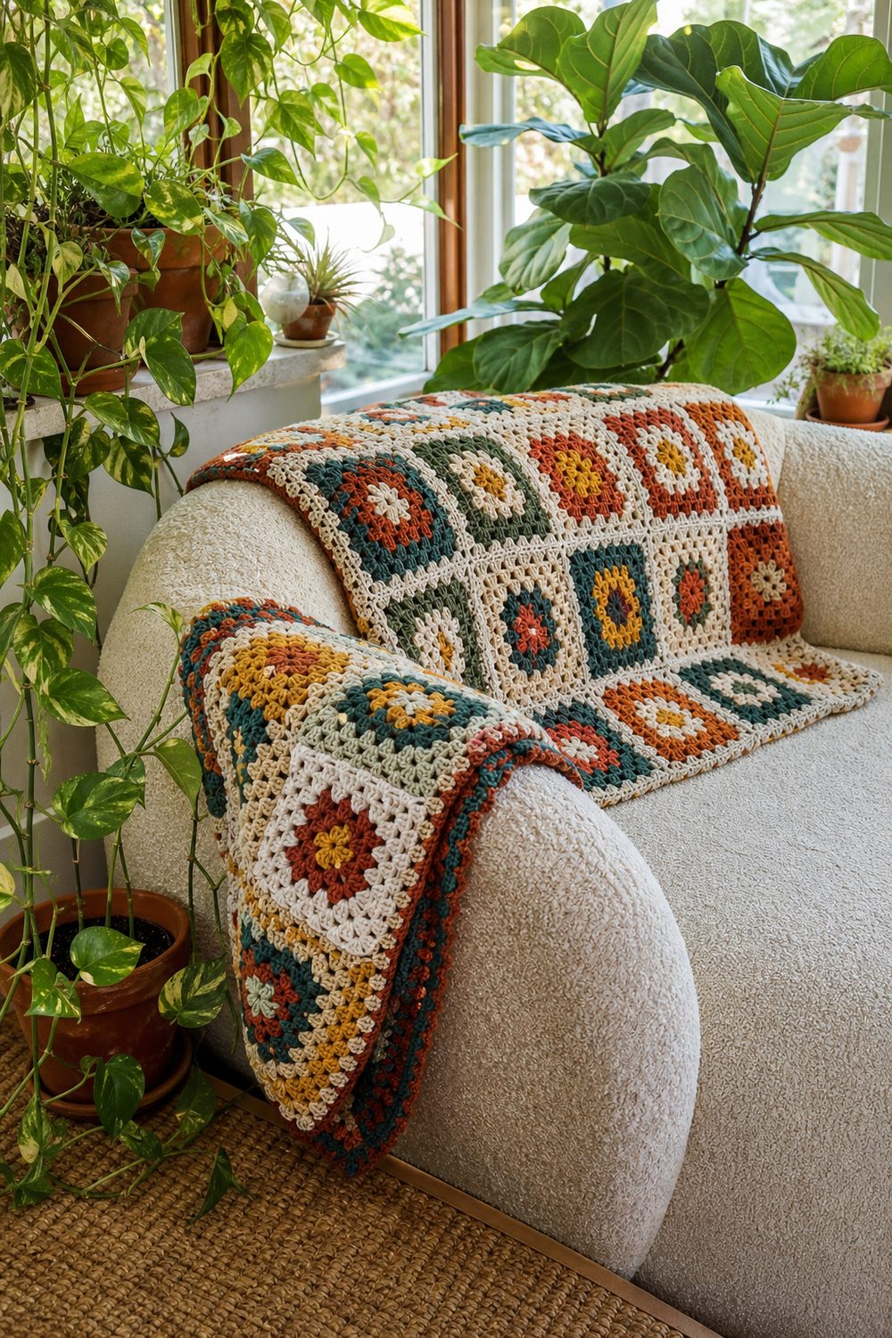Colorful crochet granny square blanket folded over a cream sofa in a plant-filled boho sunroom