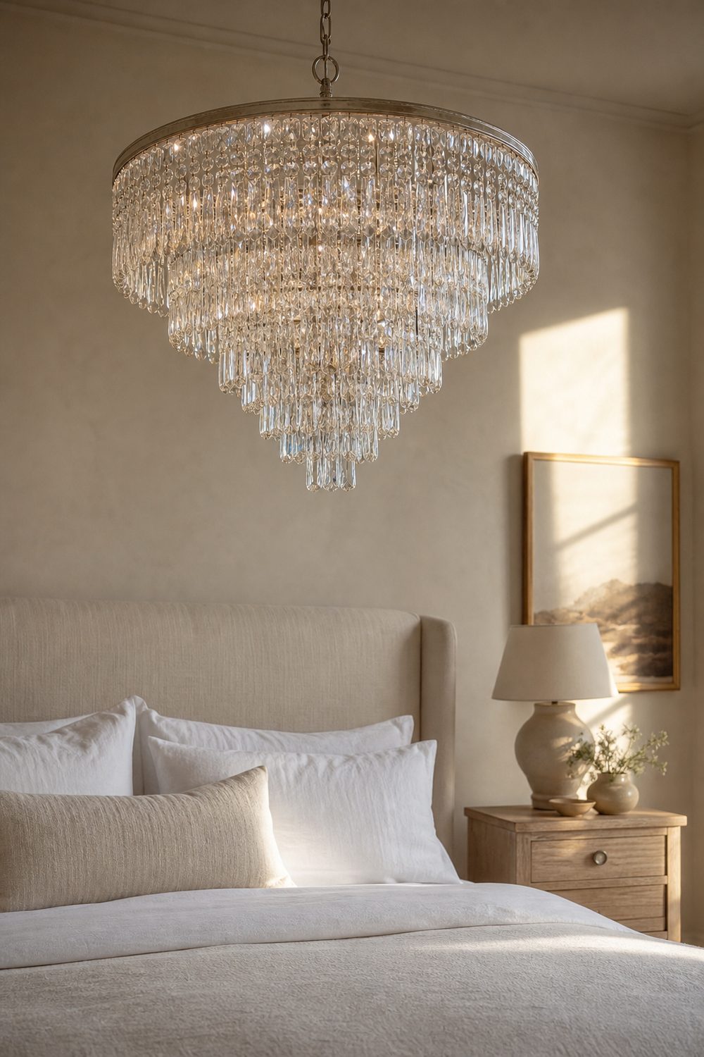 Crystal cascade chandelier hanging over an upholstered bed in a calm master bedroom with linen bedding and soft neutral walls