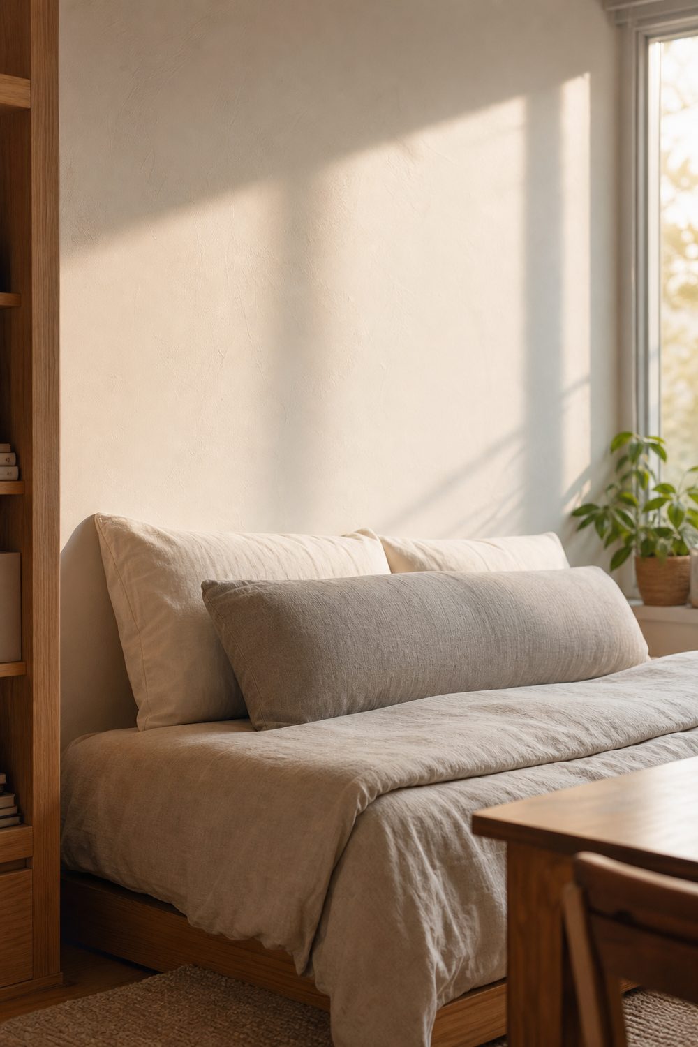 Dorm bed against a wall styled like a daybed with a long linen bolster pillow and stacked shams as a backrest