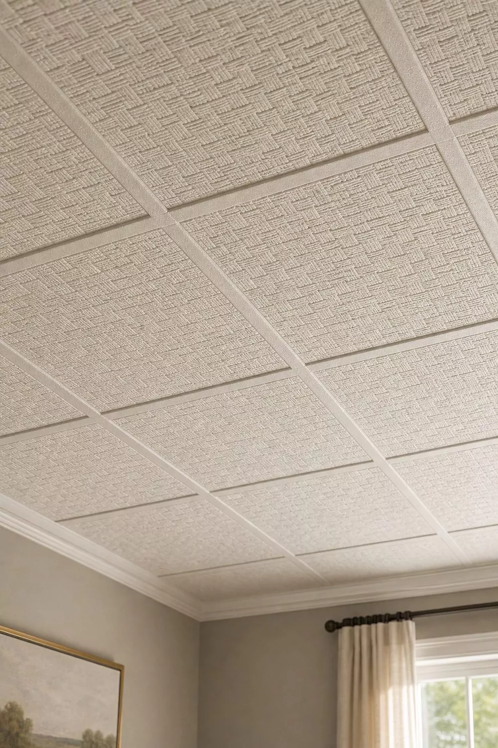 Close-up of decorative textured drop ceiling tiles with a subtle woven relief pattern in warm off-white