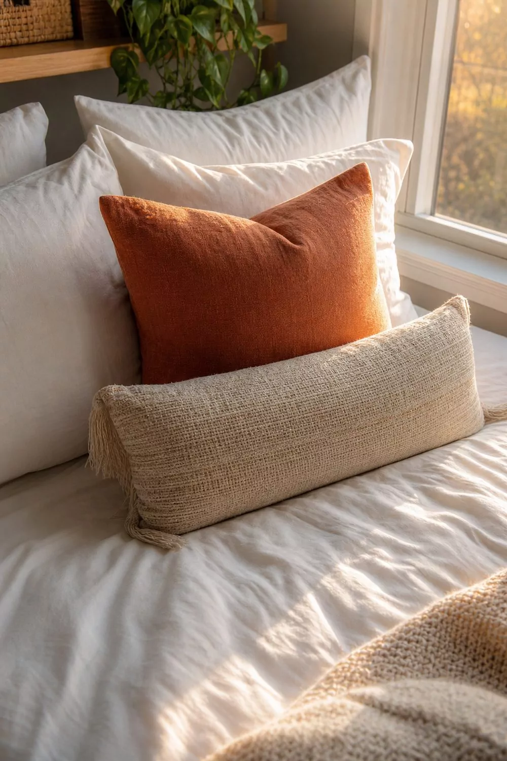 Dorm bed pillow arrangement with two white sleeping pillows, a terracotta square accent pillow, and a lumbar pillow
