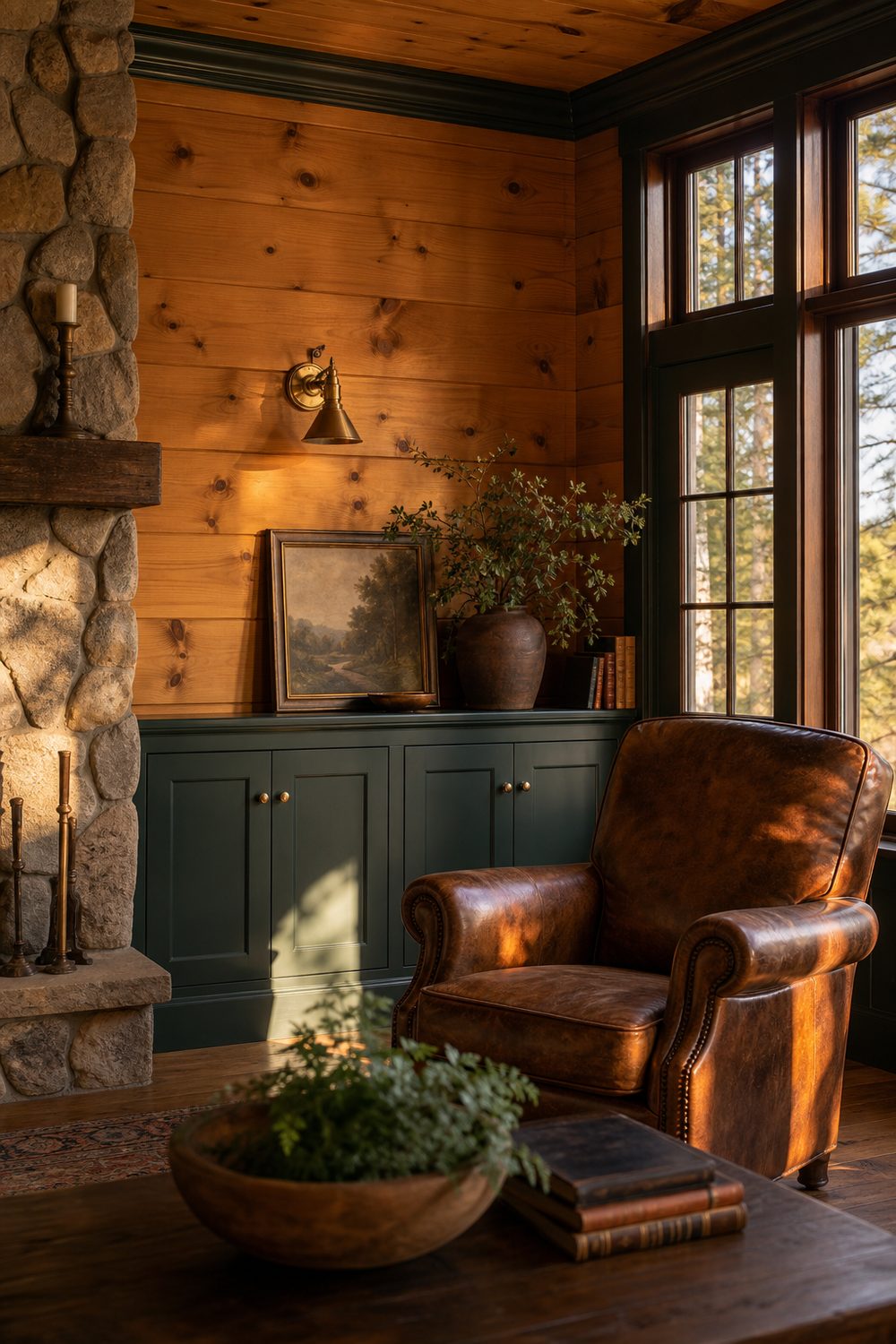 Deep forest green lower millwork below knotty pine walls in a lodge room with a leather armchair