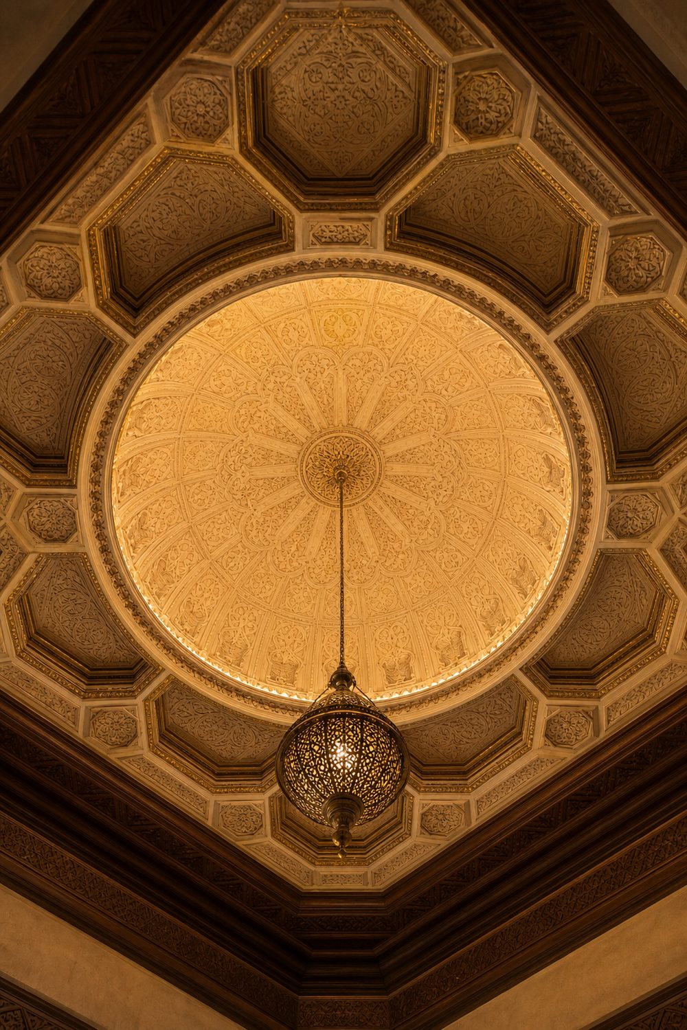 Ornate plaster dome with arabesque relief ringed by a coffered border and a central pierced brass pendant viewed from below