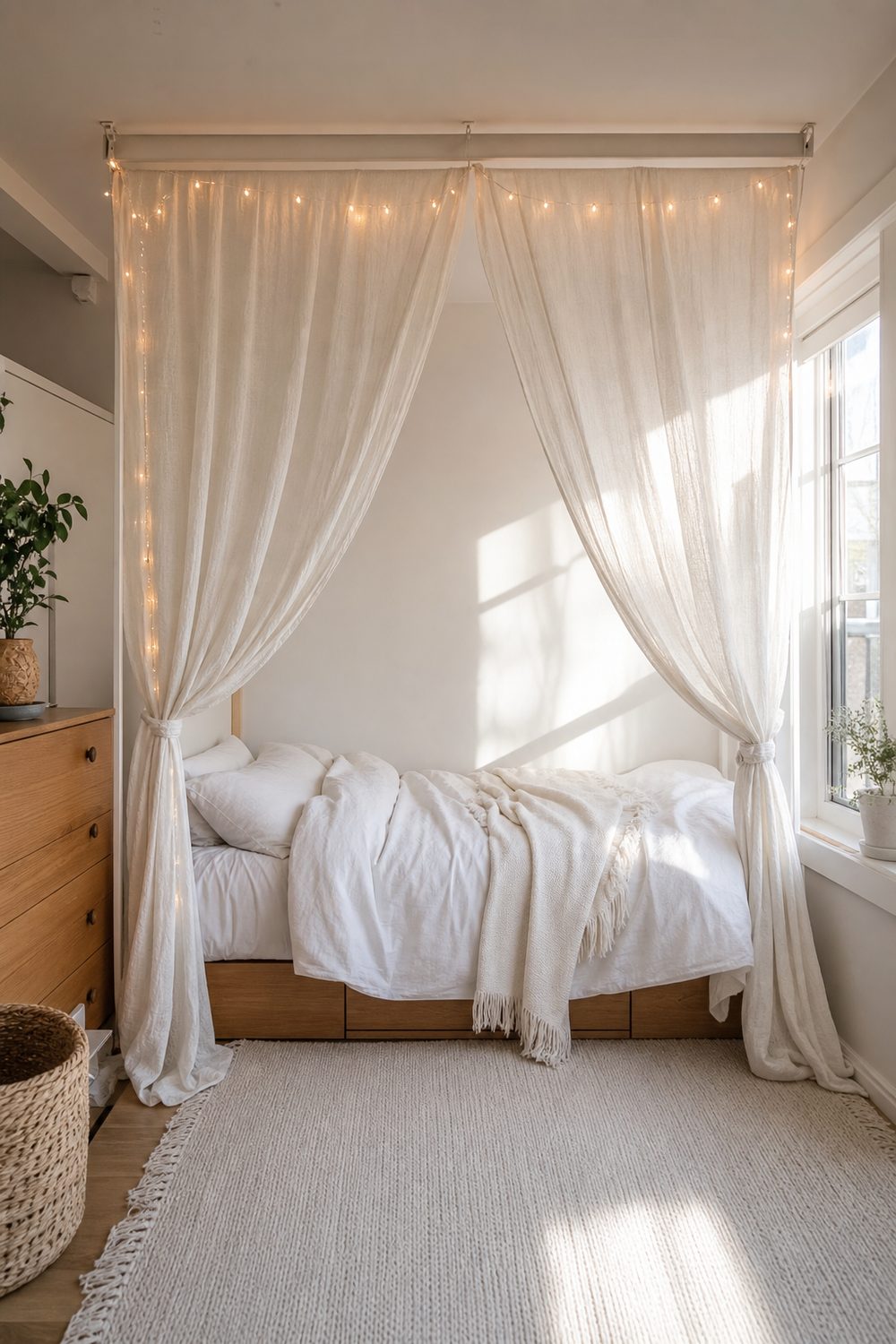 Dorm bed with a sheer white gauze canopy draped from a slim frame and faint warm string lights