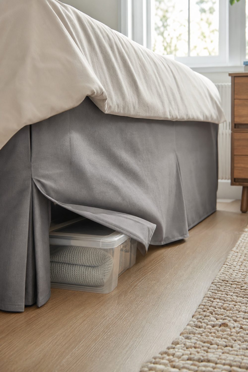 Tailored gray dorm bed skirt that hides clear under bed storage bins in a small college room