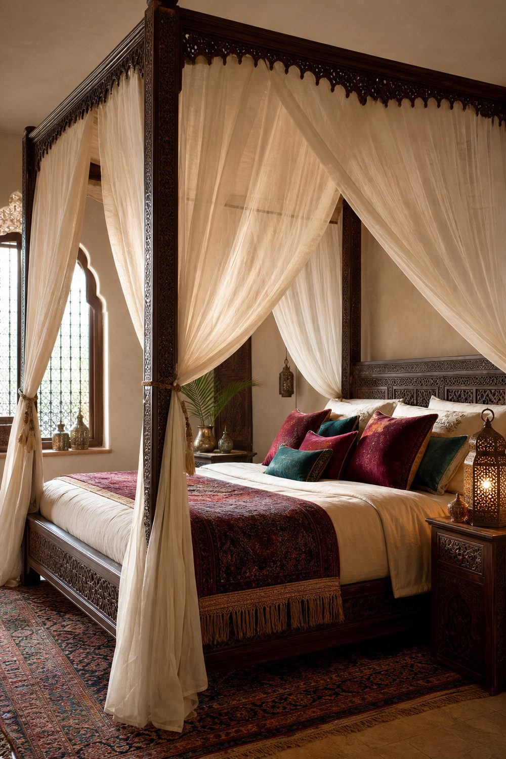 Carved wood canopy bed draped in sheer ivory linen with jewel tone pillows and a brass bedside lantern in a soft lit bedroom