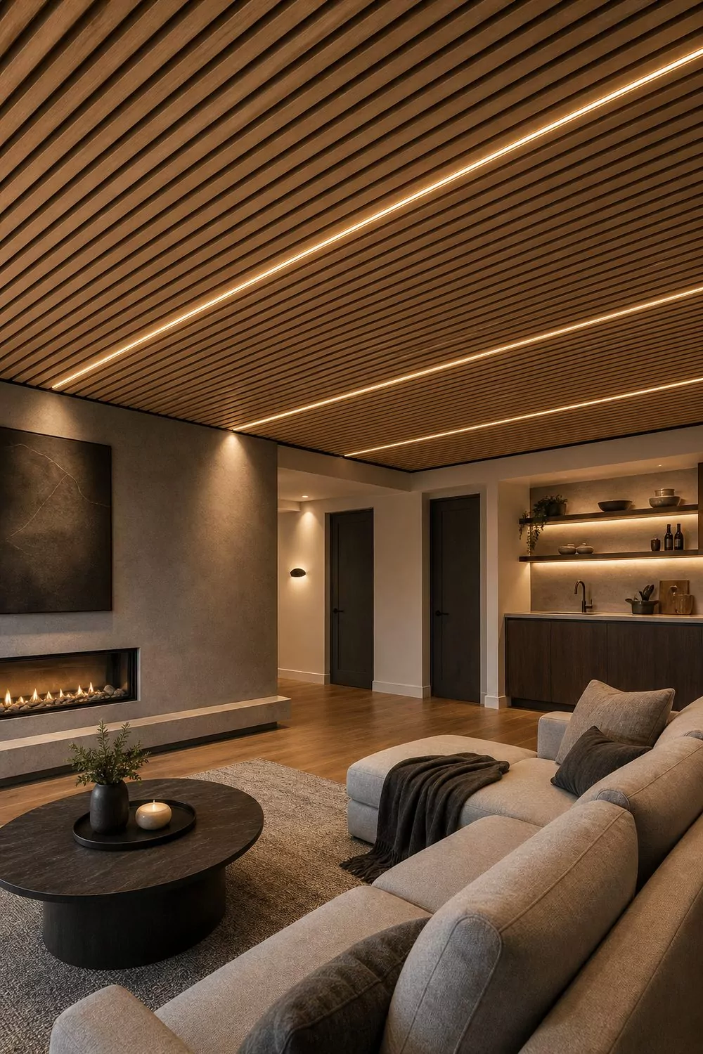 Modern basement lounge with a drop ceiling alternative of continuous wood slat panels and concealed warm LED lighting