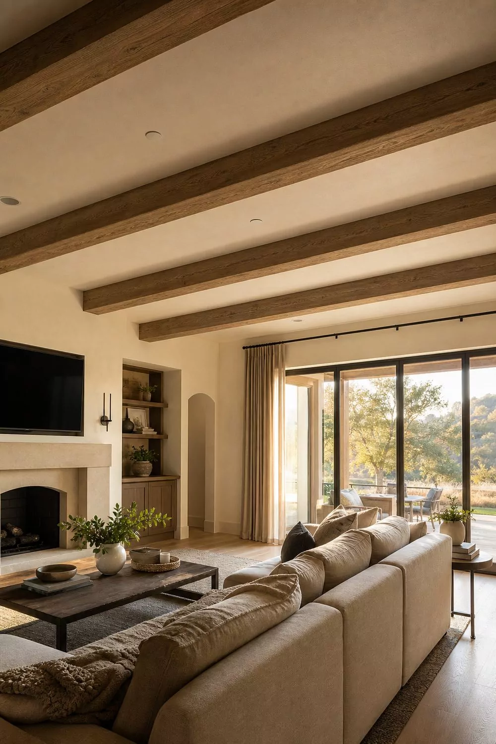Warm great room with a drop ceiling accented by medium weathered oak exposed wood beams over recessed tiles