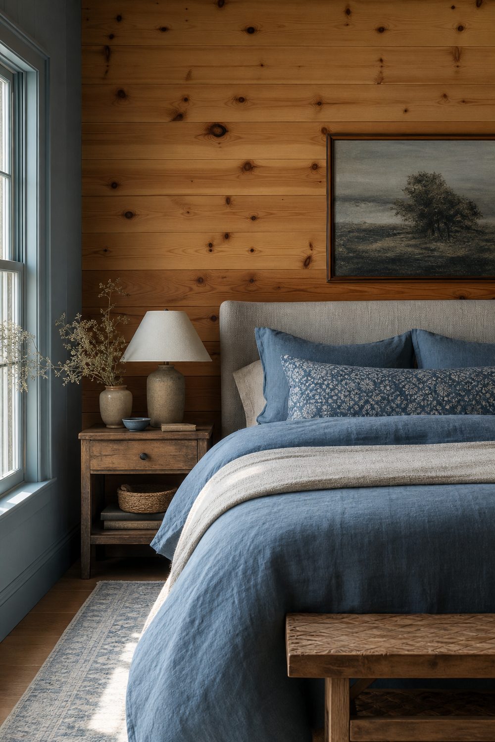 Dusty blue bedding and accents against a knotty pine bedroom wall with a linen headboard and morning light