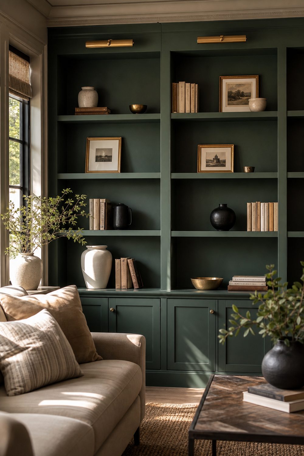Emerald green painted built in shelves styled with brass picture frames, a small gold bowl, cream ceramics, and natural spine books