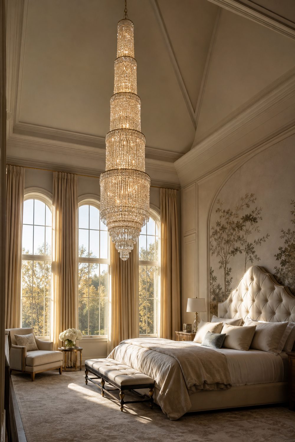 Tall empire-shaped crystal chandelier in a bedroom with a vaulted high ceiling, morning light catching the layered crystals