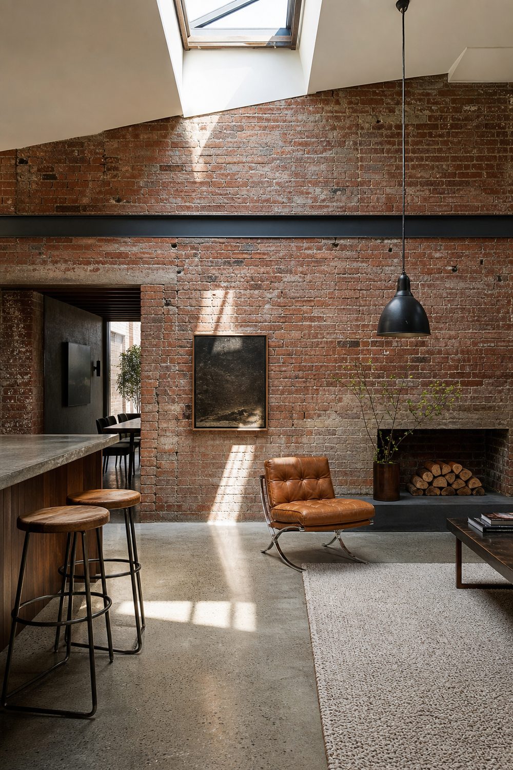 Exposed red brick accent wall in an urban loft, visible mortar and texture, tan leather chair, black pendant, bright diffuse light