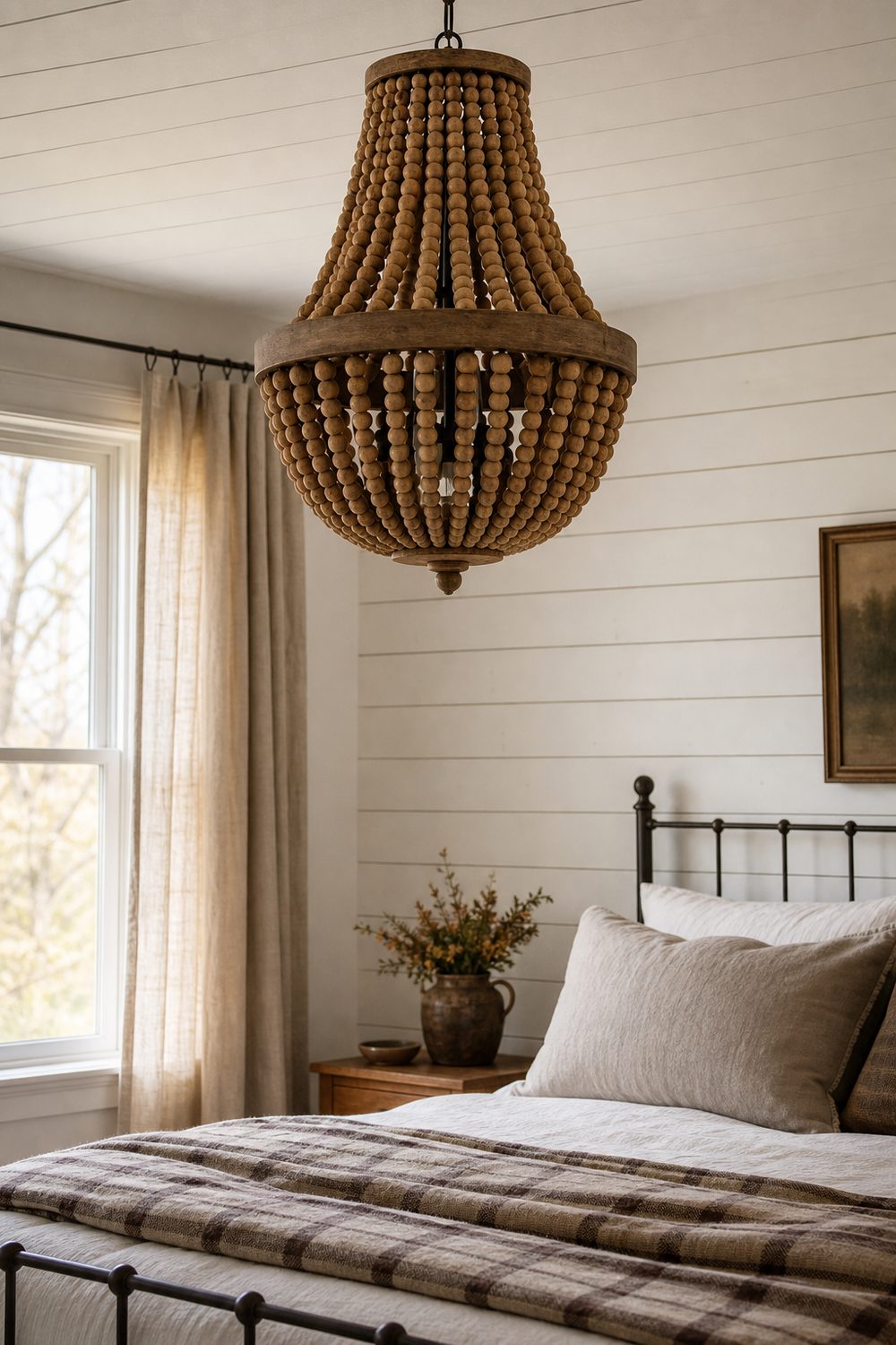 Farmhouse wood-bead chandelier with weighty beads above a bed with shiplap walls, linen curtains and muted plaid