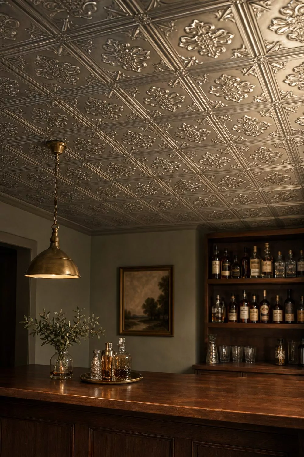 Faux tin drop ceiling tiles with an embossed pewter floral pattern above a wood basement bar with a brass pendant
