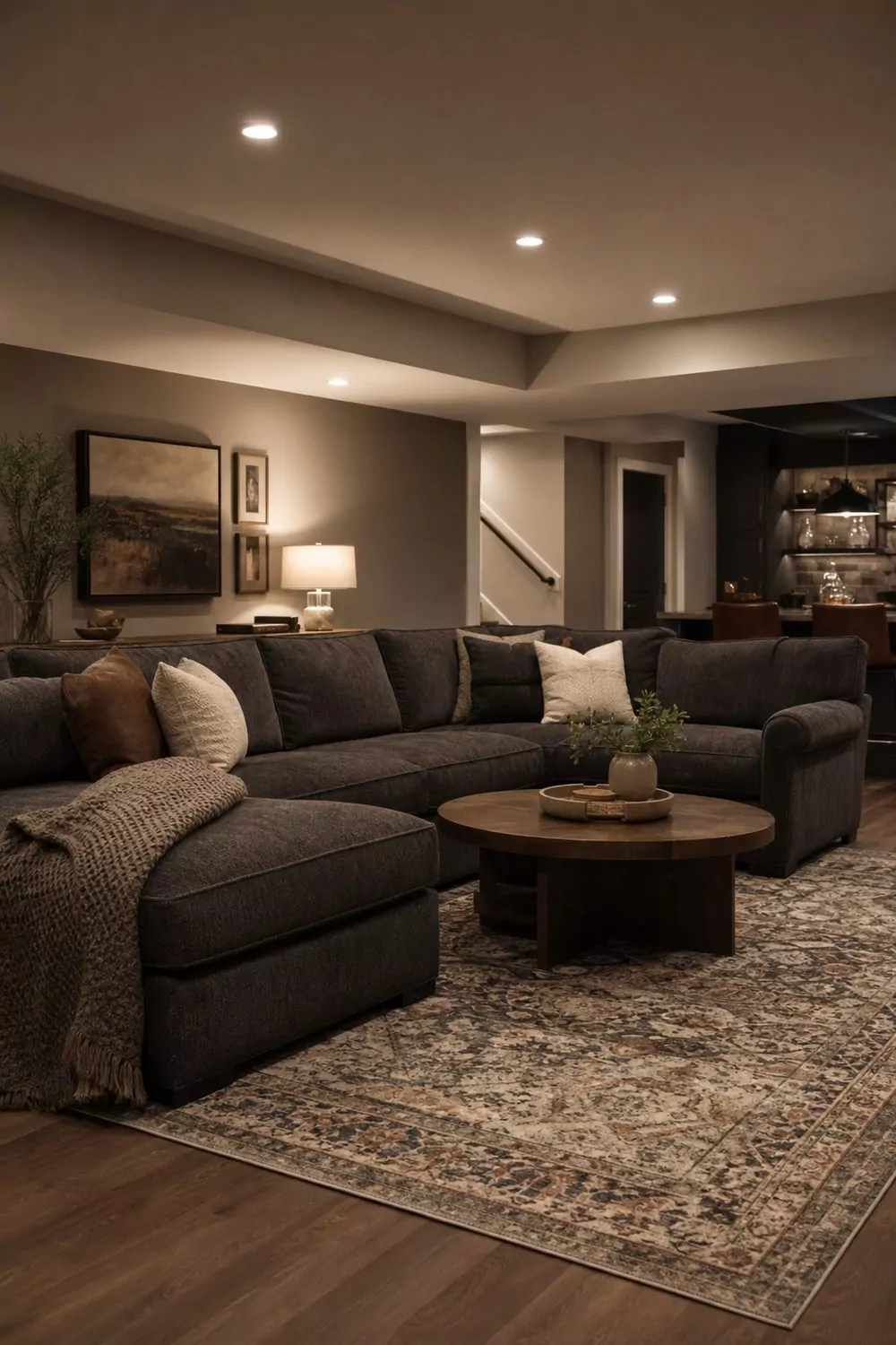 Finished basement man cave lounge with deep gray sectional, patterned rug, recessed lighting and warm greige walls in cozy evening light