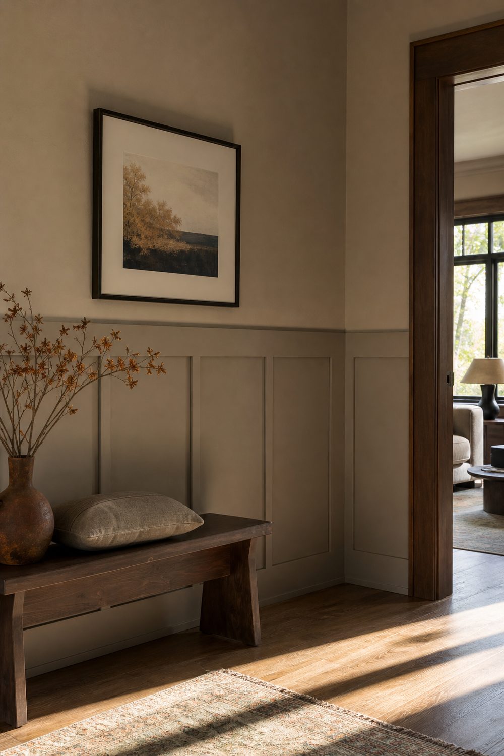 Flat recessed panel Craftsman wainscoting in a formal entry painted muted greige with square frames and quiet recessed panels