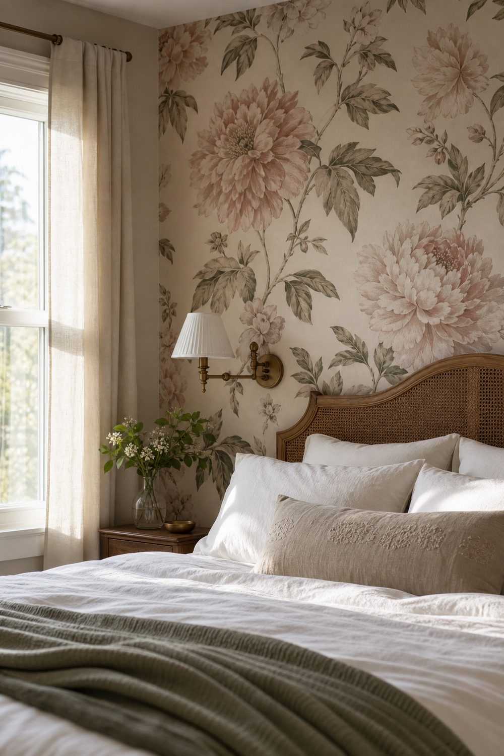 Large-scale blush and sage floral wallpaper accent wall behind a rattan bed, white bedding, brass sconce, soft morning light