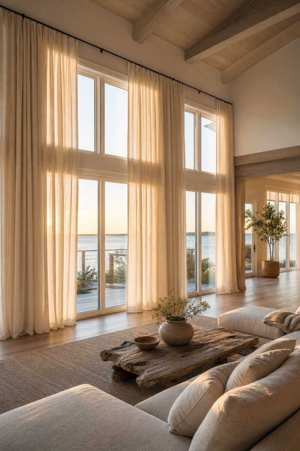 Flowing floor length ivory beach house curtains on tall windows with a water view, high beamed ceiling, pale sectional, and driftwood table