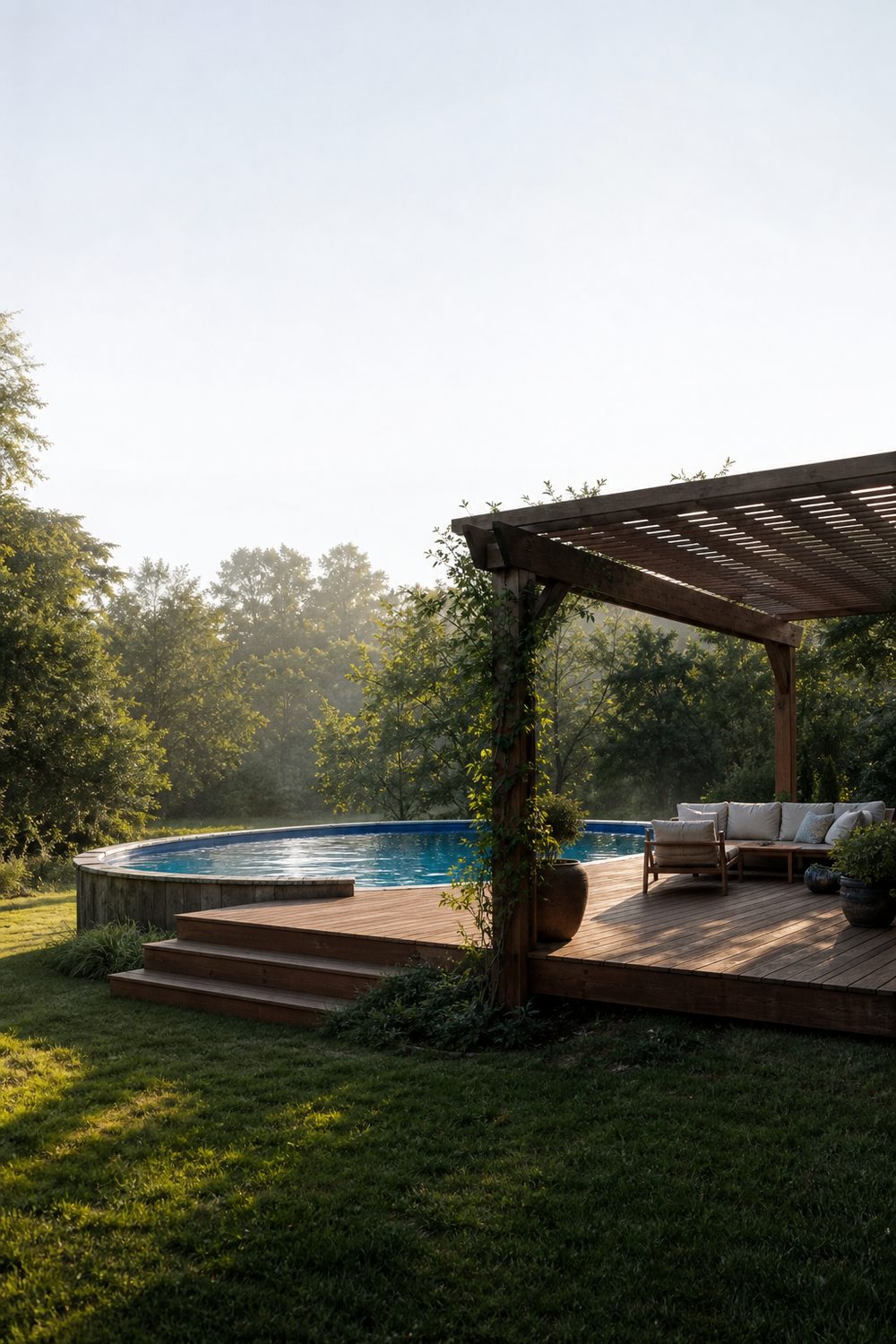 Freestanding above ground pool deck with a wooden pergola casting striped shade over lounge seating