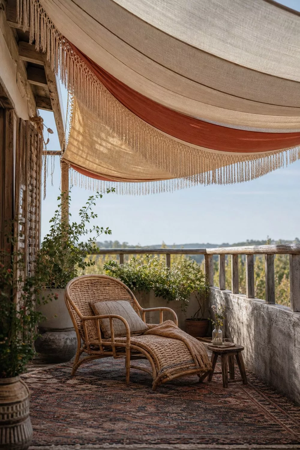 A fringed cream and clay canopy sail stretched overhead shading a boho balcony with a rattan lounge chair and layered rug
