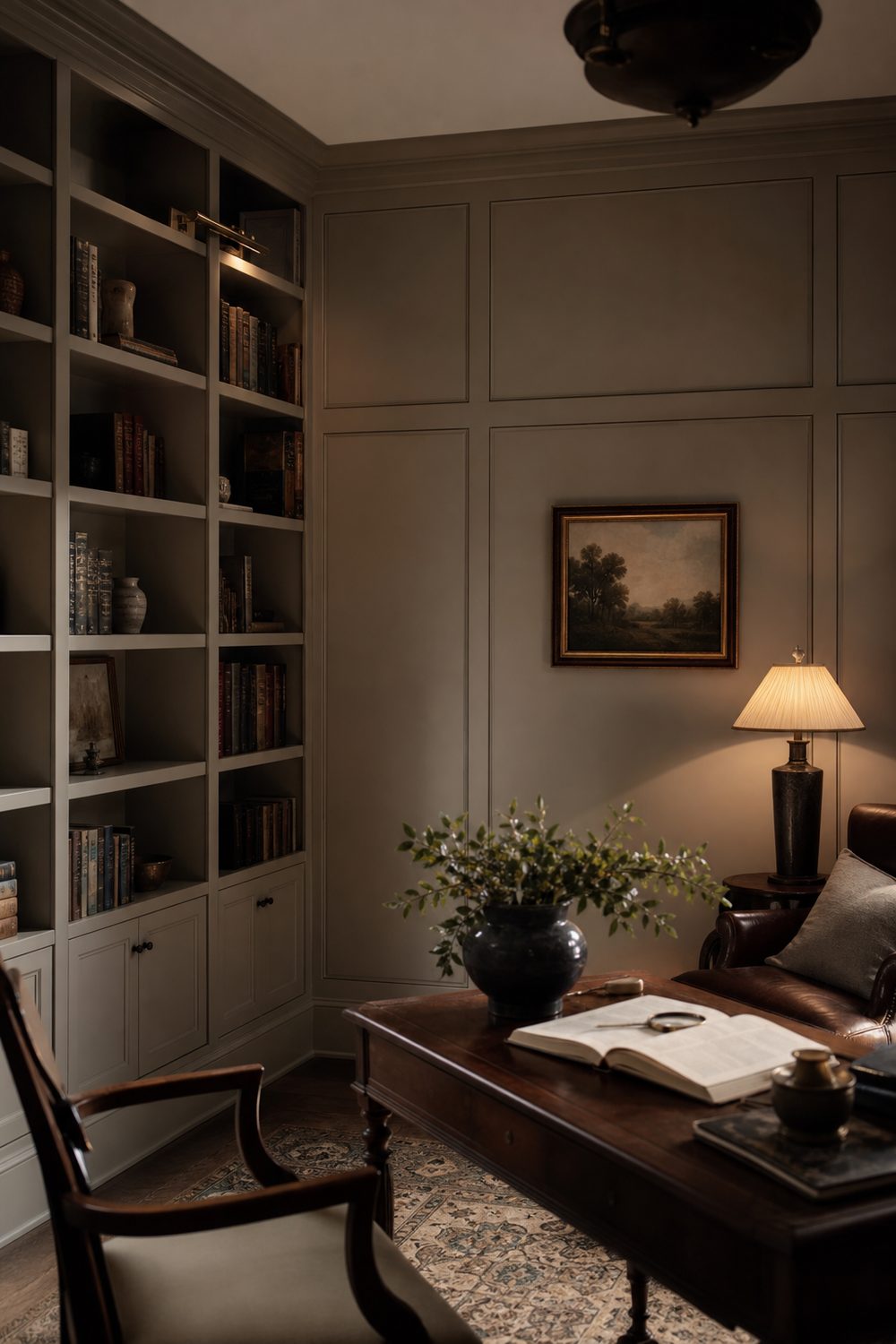 Full height paneled Craftsman wainscoting in a library wrapping the walls in warm putty with built-in shelving