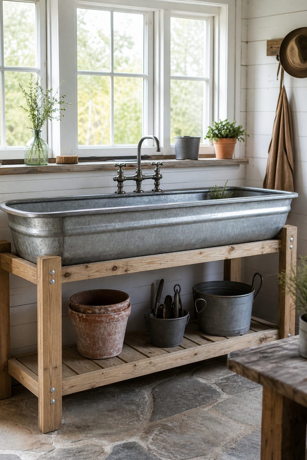 Galvanized metal trough sink on an open wood frame with shelving and pots in a farmhouse garden work area