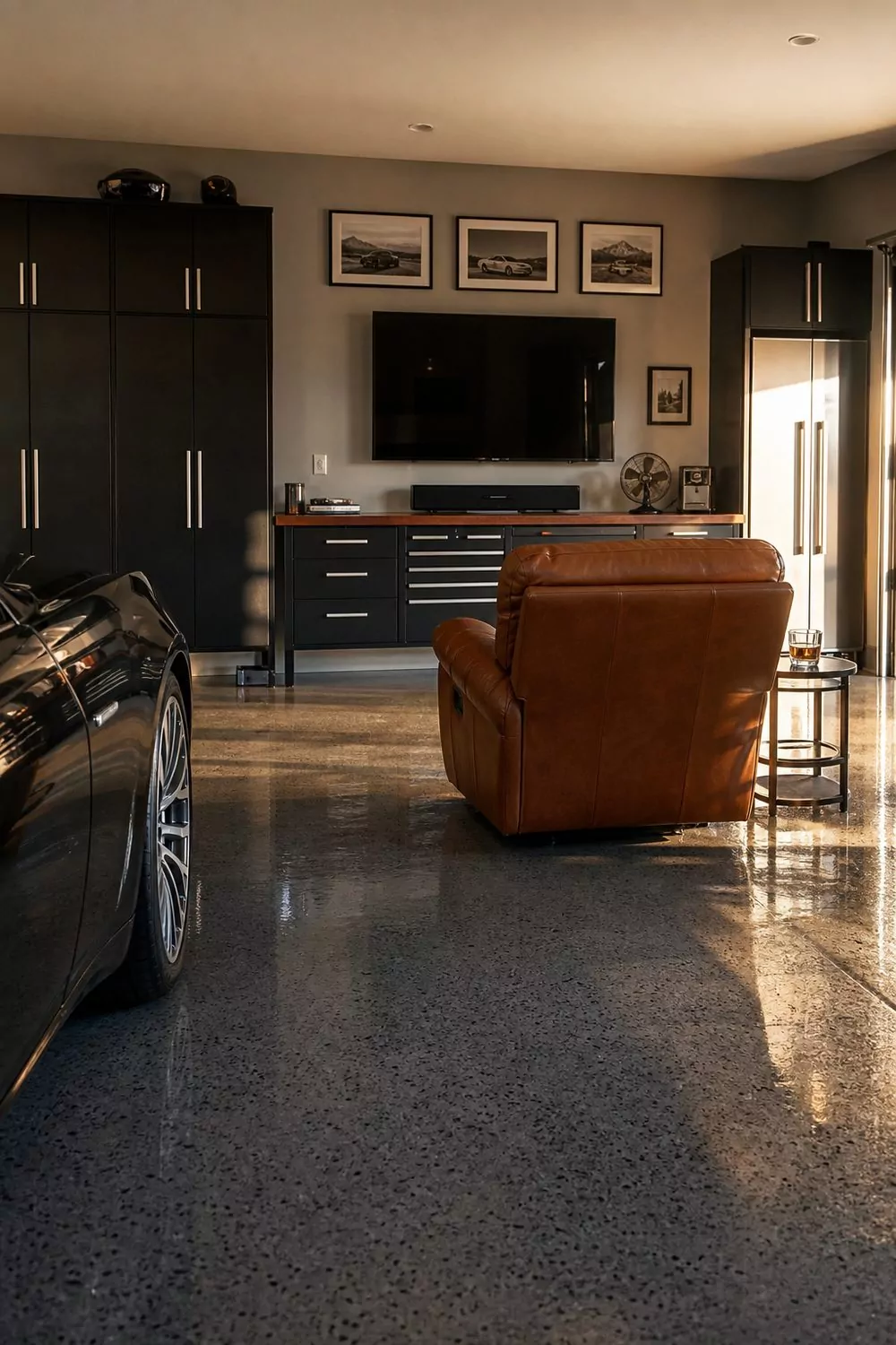 Garage man cave with a glossy charcoal epoxy floor, black steel wall cabinets, leather recliner and wall-mounted TV in warm afternoon light