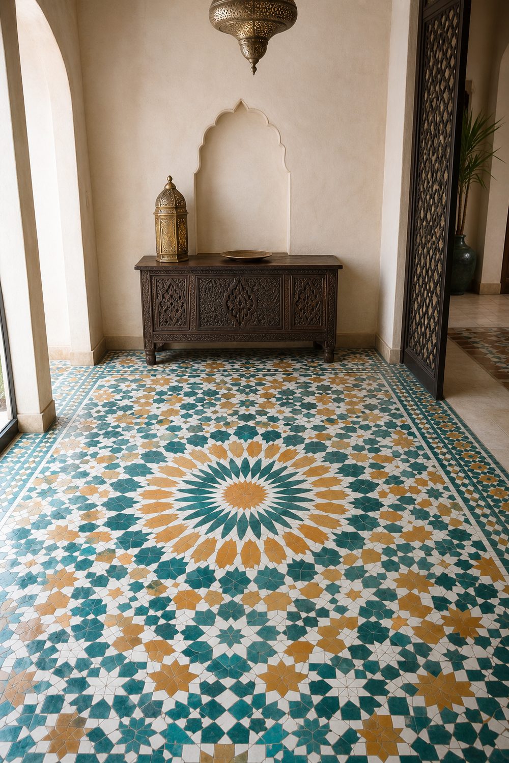 Geometric zellige mosaic floor in teal ochre and white with a radiating star medallion in an Arabian entry hall